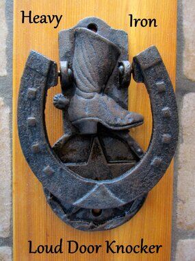 DOOR KNOCKER HORSESHOE COWBOY BOOT TEXAS STAR, IRON w GOOD LOUD KNOCK! GOOD GIFT